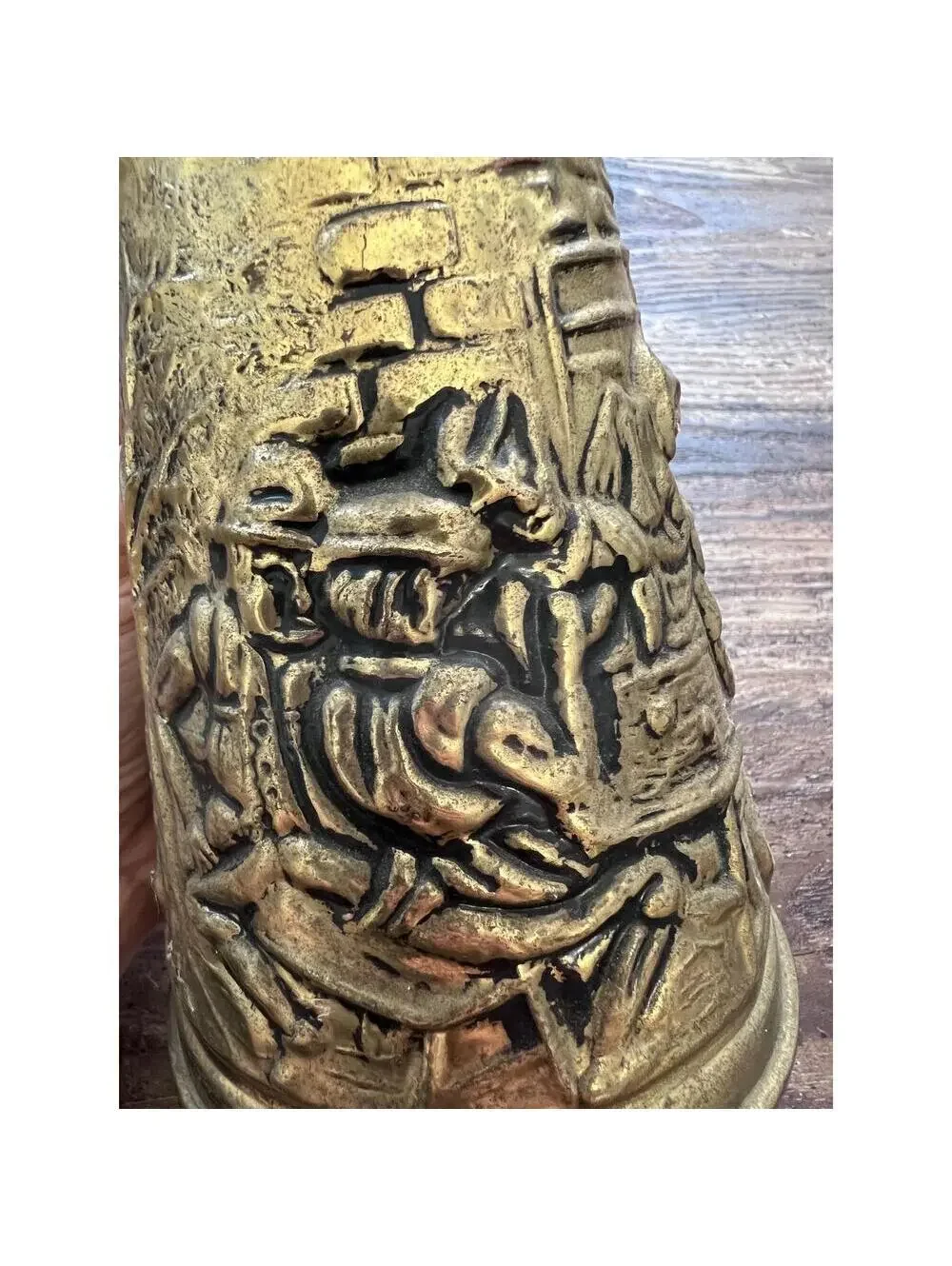Vintage Made in England Brass-Tone Embossed Pitcher | English Pub Scene Jug